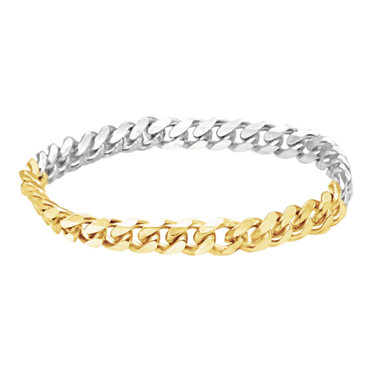 Two Tone 14k White and Yellow Gold Frozen Cuban Curb Chain Ring